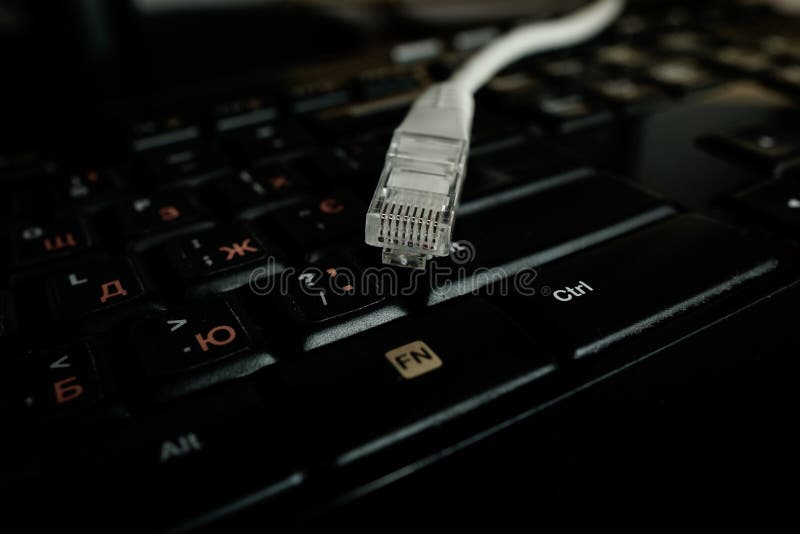 LAN network connection ethernet cable on keyboard stock photo LAN network connection ethernet cable on keyboard stock photo