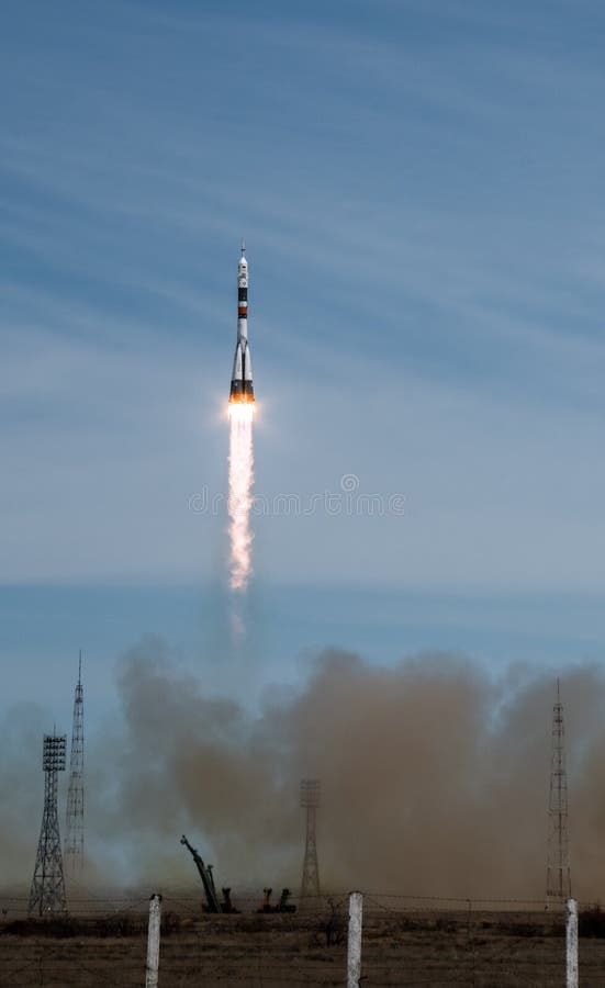 Soyuz MS-04 rocket lifts off from Gagarin`s Start launchpad in Baikonur Cosmodrome, Kazakhstan, carrying the astronauts to International Space Station. The boosters of the first stage generate enough thrust to lift the weight of roughly 308 tonnes. Soyuz MS-04 rocket lifts off from Gagarin`s Start launchpad in Baikonur Cosmodrome, Kazakhstan, carrying the astronauts to International Space Station. The boosters of the first stage generate enough thrust to lift the weight of roughly 308 tonnes.