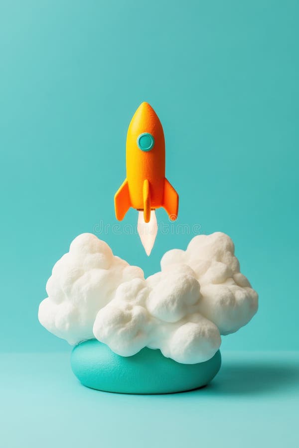 Lancement d'une fusée vibrante depuis Cloud sur Aqua Contexte. images stock