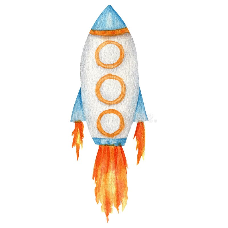 Space rocket launch. Spaceship start isolated watercolor illustration. Cute Cartoon kids space ship. Space rocket launch. Spaceship start isolated watercolor illustration. Cute Cartoon kids space ship