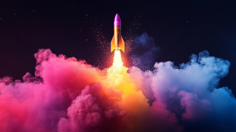 Lancement de fusée dynamique avec une fumée colorée symbole de l'innovation et de nouveaux débuts images libres de droits