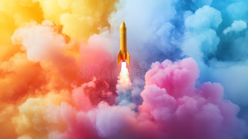 Lancement de fusée dynamique avec une fumée colorée symbolisant l'innovation et l'excitation des nouveaux débuts photographie stock libre de droits