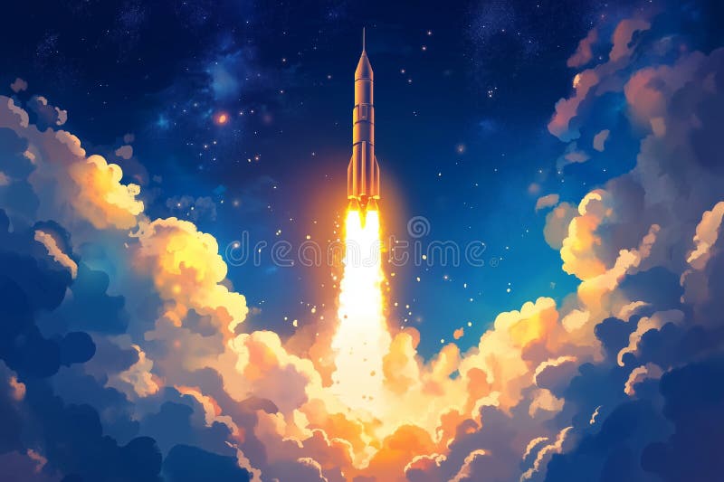 Lancement de fusée dynamique contre un ciel étoilé avec des nuages éclatants image stock
