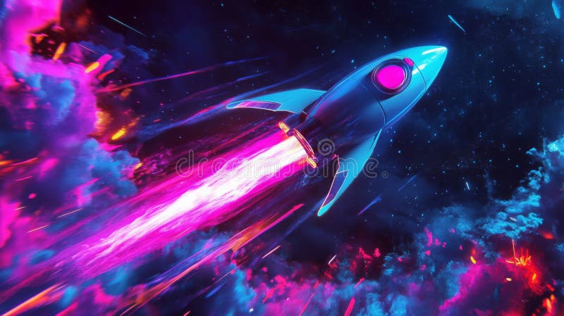 Lancement de fusée dynamique dans l'espace avec des pistes colorées dans un fond cosmique photo libre de droits