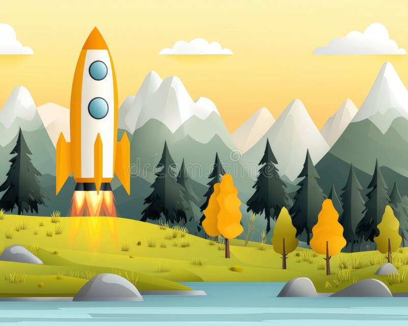 Lancement de fusée dynamique dans paysage pittoresque avec montagnes et arbres images libres de droits