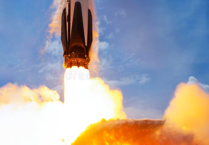 Rocket launch against blue sky close up. Elements of this image were furnished by NASA. Rocket launch against blue sky close up. Elements of this image were furnished by NASA.
