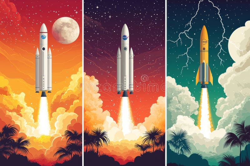 Lancements de roquettes vibrants dans divers cadres scéniques images stock