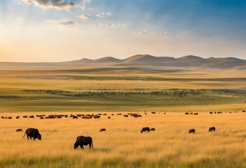 A land of rolling plains and grasslands- filled with herds of wild animals AI Generated