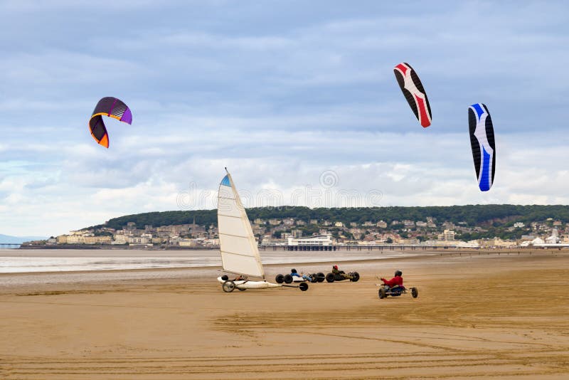Land yachts and kite buggies on Weston-Super-Mare beach royalty free stock images Land yachts and kite buggies on Weston-Super-Mare beach royalty free stock images