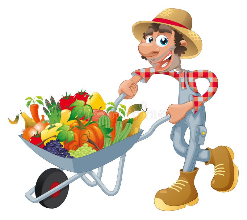 Peasant with wheelbarrow, vegetables and fruits. Cartoon and illustration, isolated objects. Peasant with wheelbarrow, vegetables and fruits. Cartoon and illustration, isolated objects.