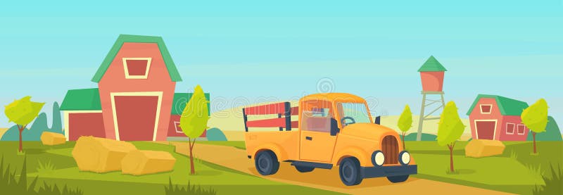 Landbouw Landbouwbedrijf landelijk landschap met oranje vrachtwagen, rode schuur, huis en boerderij, watertoren en hooiberg stock illustratie Landbouw Landbouwbedrijf landelijk landschap met oranje vrachtwagen, rode schuur, huis en boerderij, watertoren en hooiberg stock illustratie