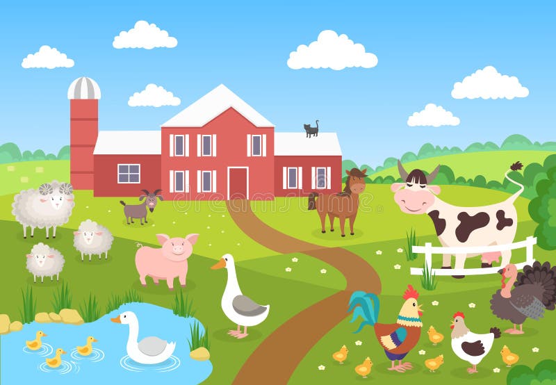Landbouwbedrijfdieren met landschap De schapen van de eendkippen van het paardvarken Beeldverhaaldorp voor kinderenboek Landbouwb royalty-vrije illustratie Landbouwbedrijfdieren met landschap De schapen van de eendkippen van het paardvarken Beeldverhaaldorp voor kinderenboek Landbouwb royalty-vrije illustratie
