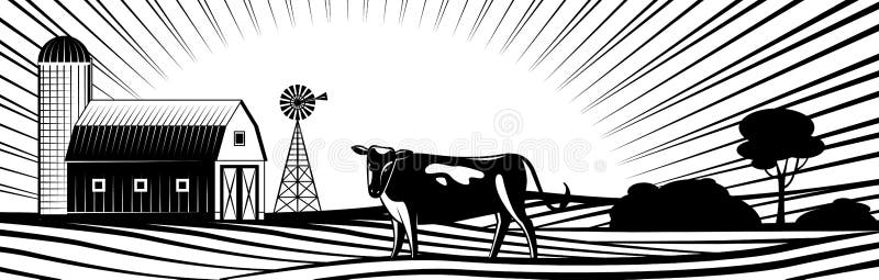 Landbouwbedrijfschuur met windmolen en koe op plattelandslandschap met heuvels en gebieden royalty-vrije illustratie Landbouwbedrijfschuur met windmolen en koe op plattelandslandschap met heuvels en gebieden royalty-vrije illustratie