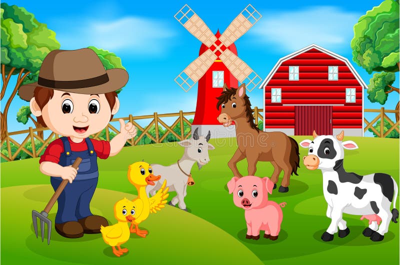 Landbouwbedrijfscènes met vele dieren en landbouwers stock illustratie Landbouwbedrijfscènes met vele dieren en landbouwers stock illustratie