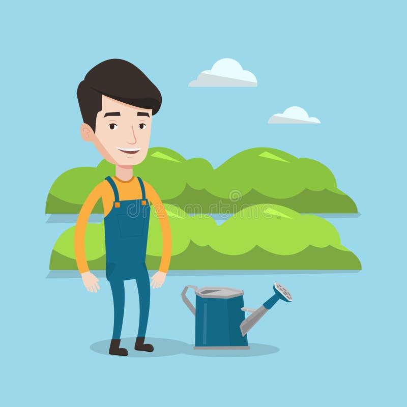 Landbouwer met gieter bij gebied vector illustratie Landbouwer met gieter bij gebied vector illustratie