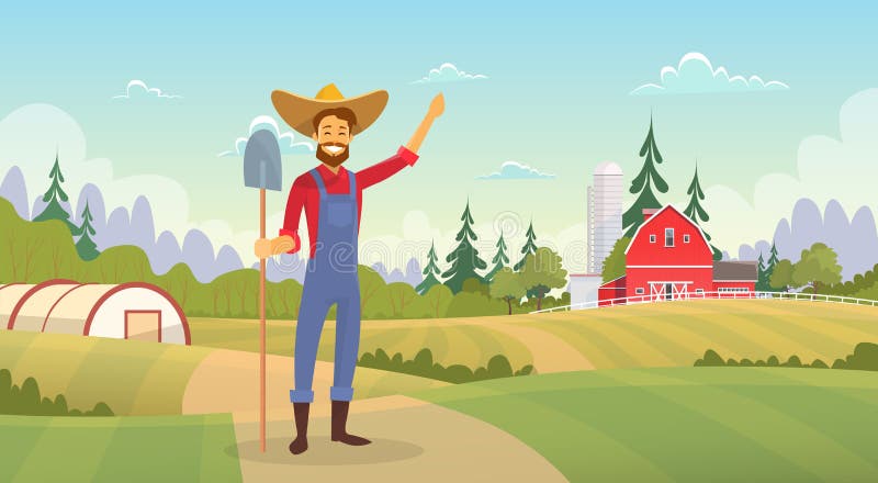 Landbouwer Standing Show Farm, het Landschap van het Landbouwgrondplatteland stock illustratie Landbouwer Standing Show Farm, het Landschap van het Landbouwgrondplatteland stock illustratie