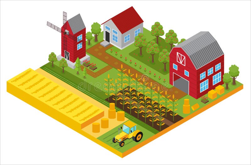 Landelijk 3d landbouwbedrijf isometrisch malplaatje met molen, tuin, bomen, landbouwvoertuigen, van het landbouwershuis en van de royalty-vrije illustratie Landelijk 3d landbouwbedrijf isometrisch malplaatje met molen, tuin, bomen, landbouwvoertuigen, van het landbouwershuis en van de royalty-vrije illustratie