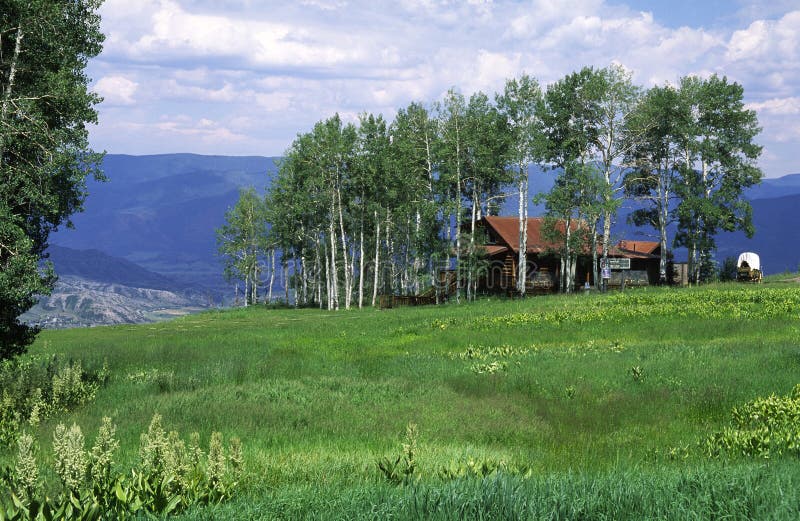 Rural house and a barn in a small aspen grove on a slope of a mountain in Colorado Rockies. Rural house and a barn in a small aspen grove on a slope of a mountain in Colorado Rockies