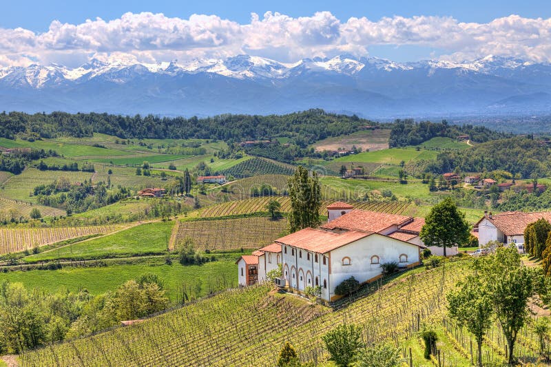 Rural house among green hills and vineyards and mountains with snowy peaks on background in spring in Piedmont, Northern Italy. Rural house among green hills and vineyards and mountains with snowy peaks on background in spring in Piedmont, Northern Italy.