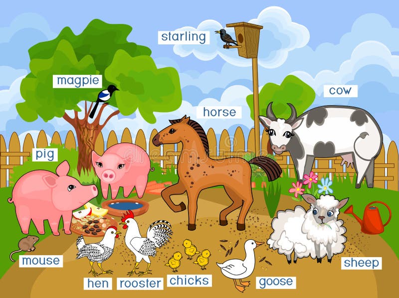 Landelijk landschap met de verschillende dieren van het beeldverhaallandbouwbedrijf met titels stock illustratie Landelijk landschap met de verschillende dieren van het beeldverhaallandbouwbedrijf met titels stock illustratie