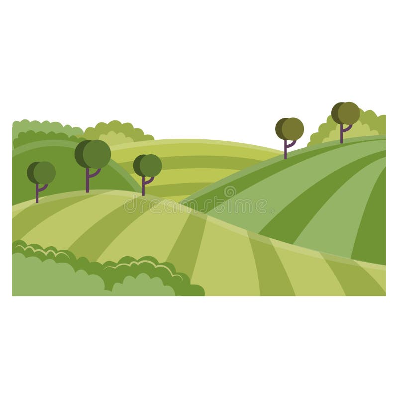 Landelijk landschap met heuvels en gebieden - de zomer groene landbouwgronden met rijen van landbouwinstallaties en bomen royalty-vrije illustratie Landelijk landschap met heuvels en gebieden - de zomer groene landbouwgronden met rijen van landbouwinstallaties en bomen royalty-vrije illustratie