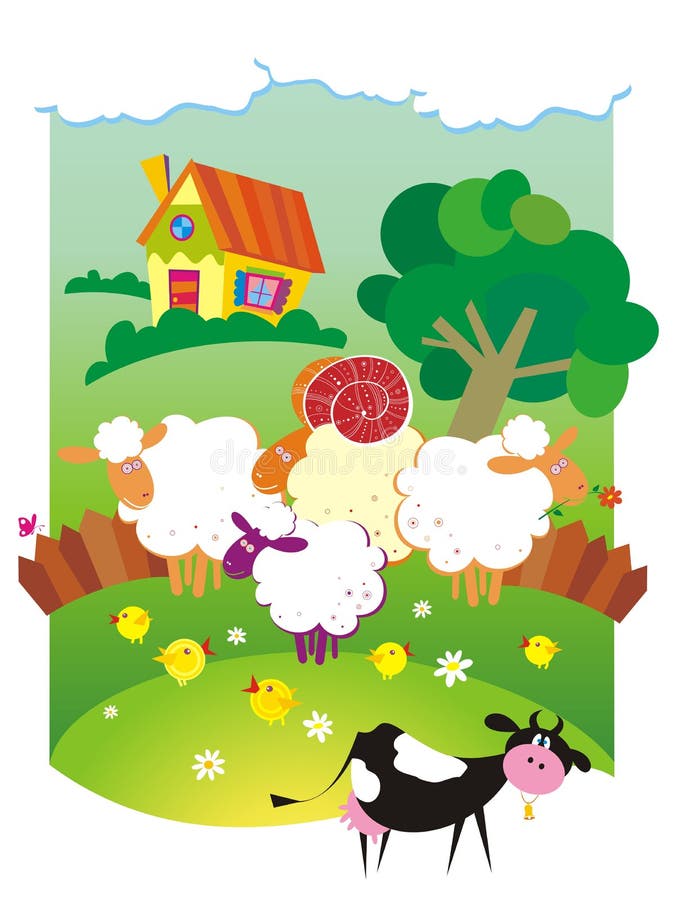 Landelijk landschap met landbouwbedrijfdieren. vector illustratie Landelijk landschap met landbouwbedrijfdieren. vector illustratie