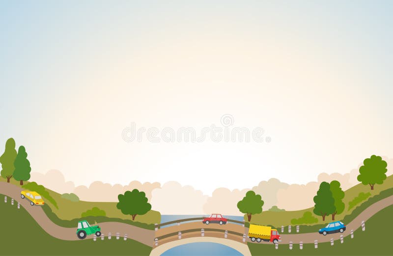 Landelijk landschap met weg en auto's, rivier en brug vector illustratie Landelijk landschap met weg en auto's, rivier en brug vector illustratie