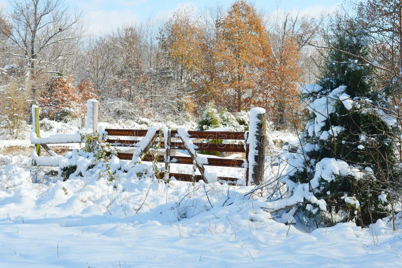 Landelijke ijzige sneeuw behandelde poort stock fotografie Landelijke ijzige sneeuw behandelde poort stock fotografie