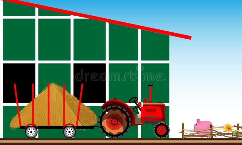 Landelijke scène Tractor met hooi dichtbij het landbouwbedrijf royalty-vrije illustratie Landelijke scène Tractor met hooi dichtbij het landbouwbedrijf royalty-vrije illustratie