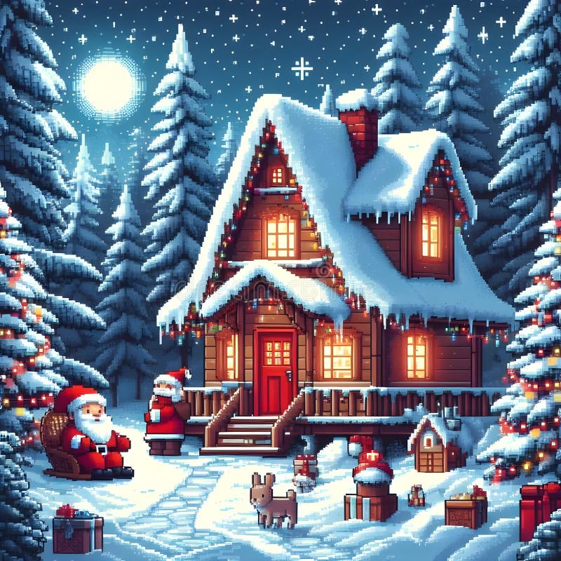 Landhaus aus Holz im Winterwald für Weihnachten 32 Bit Pixelart lizenzfreie abbildung