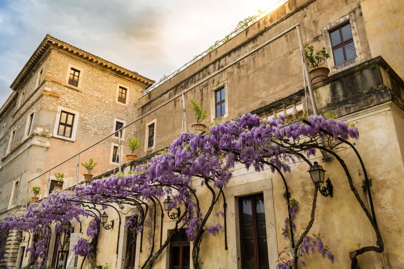 Landhaus d ?Este in Tivoli an der D?mmerung Warme Farben, die zur Glyziniepergola kontrastieren stockbild Landhaus d ?Este in Tivoli an der D?mmerung Warme Farben, die zur Glyziniepergola kontrastieren stockbild