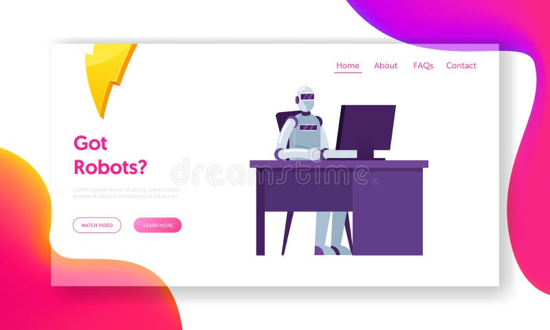 Landing Page der Website Automatisierung und künstliche Intelligenz Roboter-Sitzen am Büroarbeitsplatz am Computer stock abbildung