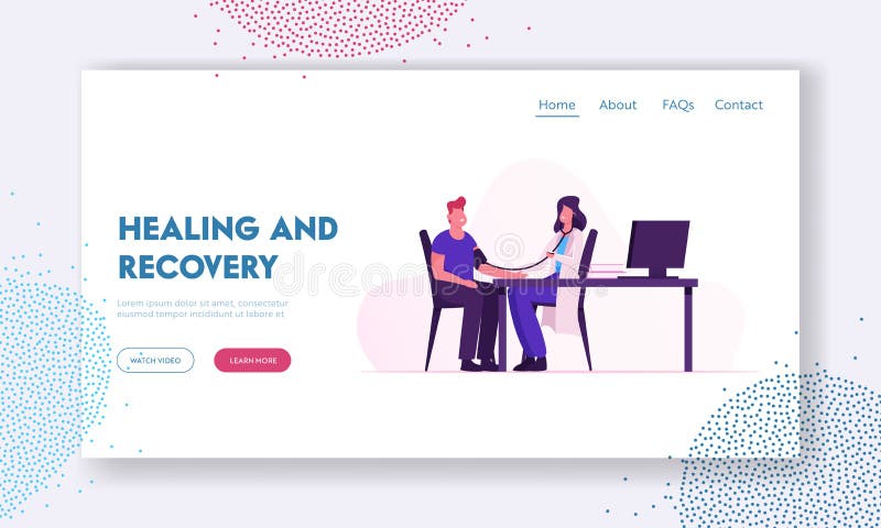 Landing Page der Website für Heilung und Verwertung Arzt, der Sphygmomanometer mit Stethoskop anwendet und den Blutdruck kontroll stock abbildung Landing Page der Website für Heilung und Verwertung Arzt, der Sphygmomanometer mit Stethoskop anwendet und den Blutdruck kontroll stock abbildung