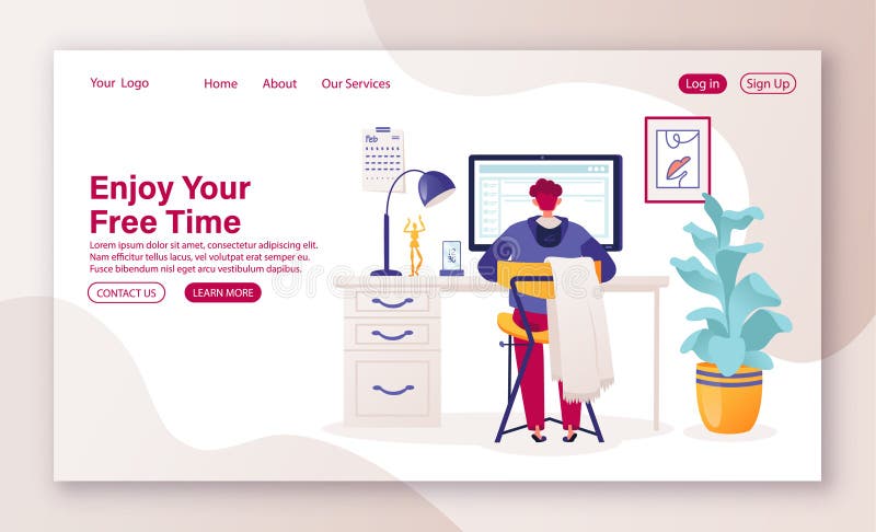 Concept for landing page template on theme of free time, remote work, freelancing, freedom of self-employment.