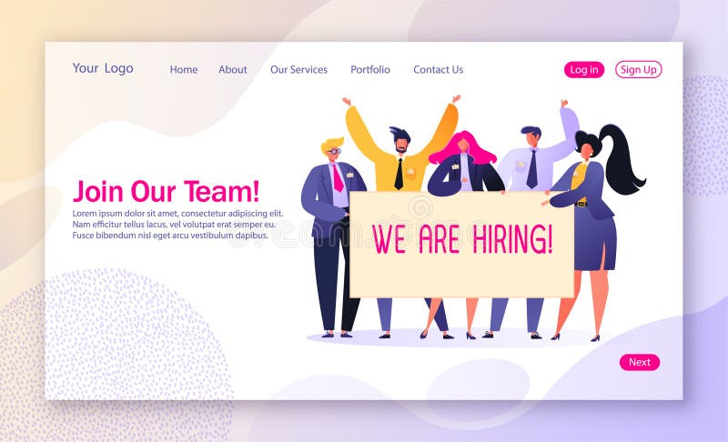 Concept of landing page on recruitment and agency interview theme. Template for website or web page with happy, affable business people holding hiring banner. Characters offer to join their team.