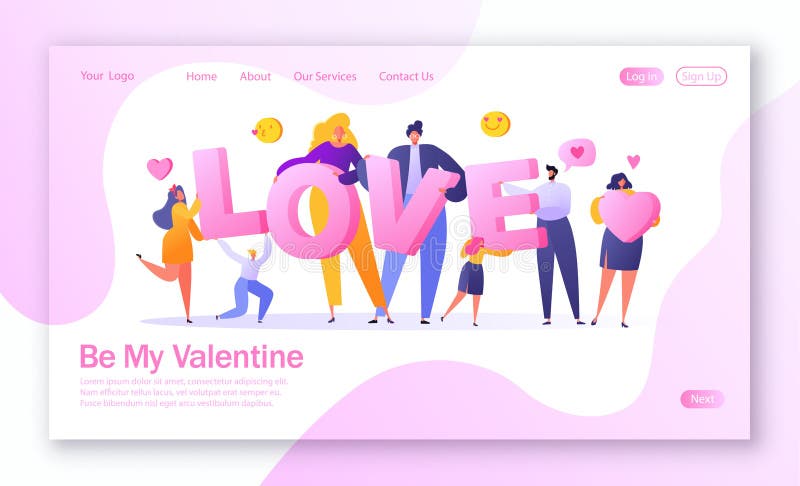 Concept of landing page on love story theme. Happy flat people character holding large letters LOVE. royalty free illustration Concept of landing page on love story theme. Happy flat people character holding large letters LOVE. royalty free illustration