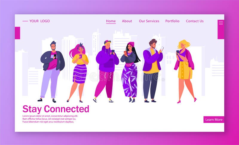 Group of young, modern, people characters chatting using smartphone. vector illustration