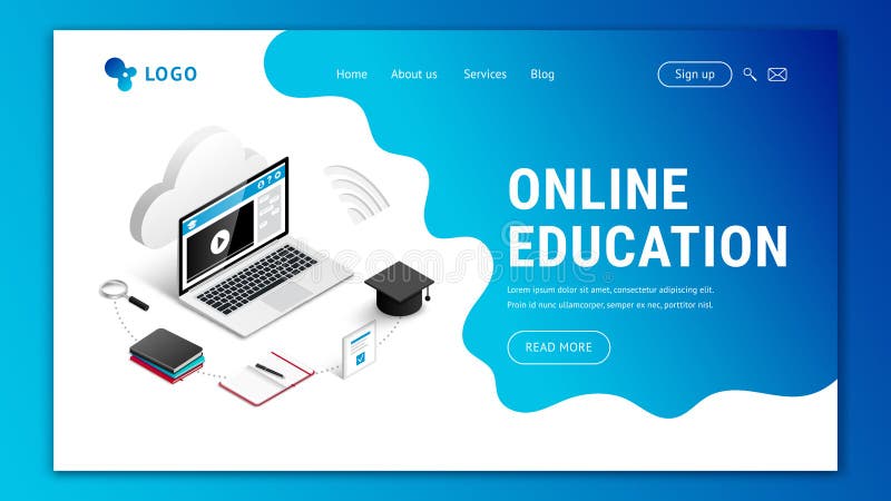 Landing e-learning concept amoeba background. Landing page web design template for online education. Modern 3d isometric e-learning web site concept. Vector illustration with laptop, notebook, phone, coffee, pencils, cloud, blue amoeba background