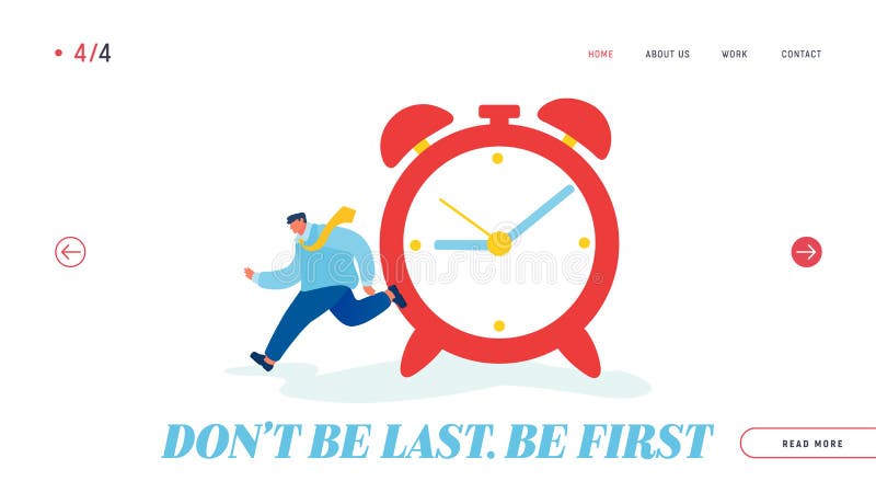 Landingspagina van de website voor tijdbronnen Zakenman die vlakbij de enorme alarmklok loopt Vlug op het werk Tijdbeheer stock illustratie Landingspagina van de website voor tijdbronnen Zakenman die vlakbij de enorme alarmklok loopt Vlug op het werk Tijdbeheer stock illustratie