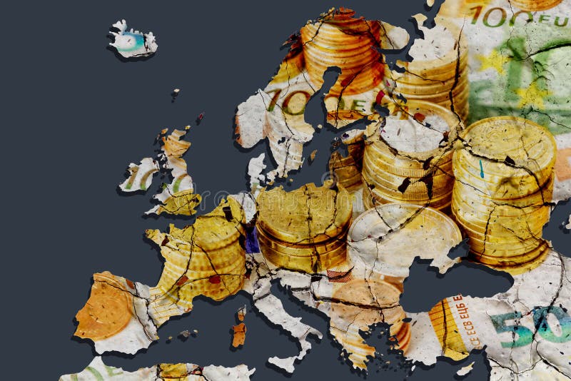 Map of Europe with lots of cracks as a symbol of contradictions and disagreements in the area of finance and investment. Stack of euro coins on euro banknotes. Germany. Map of Europe with lots of cracks as a symbol of contradictions and disagreements in the area of finance and investment. Stack of euro coins on euro banknotes. Germany