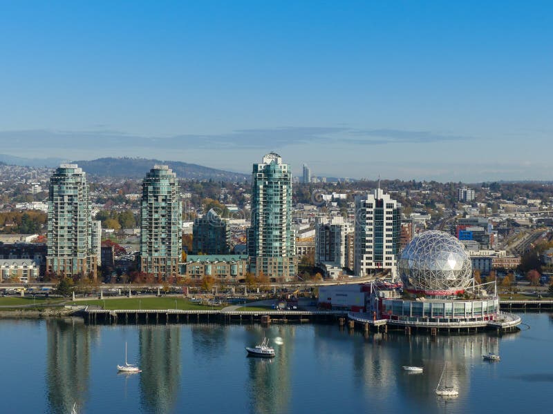 Landmark Vancouver science world tall towers aerial Canada Nov 2017 stock image Landmark Vancouver science world tall towers aerial Canada Nov 2017 stock image