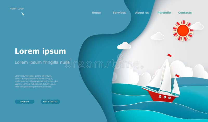 Landningssida turism sjöresa. Havets moln sol i segelbåt. papperskorgen vektor illustrationer