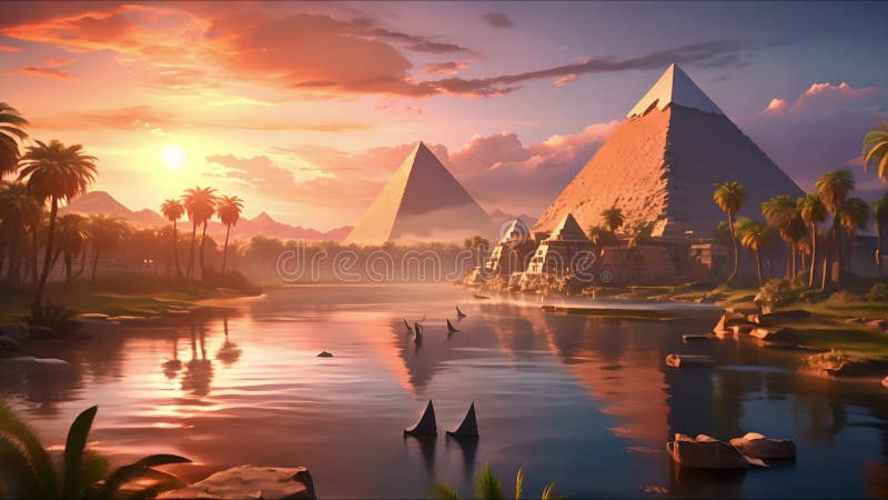 Landscape with ancient Egyptian pyramids, beautiful sky and sunset. The concept of ancient history. AI-generated. royalty free illustration