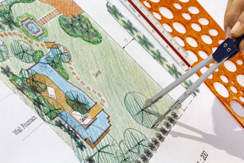 Landscape Architect design water garden plans stock images