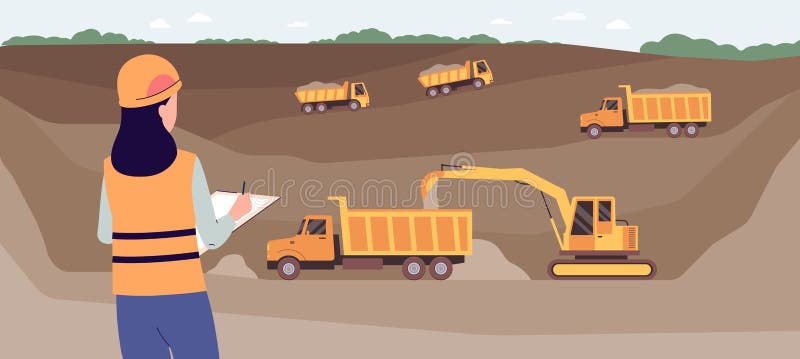 Landscape Background with Open Pit Mine and Machinery Flat Vector  Illustration. Stock Vector - Illustration of geology, element: 192779807