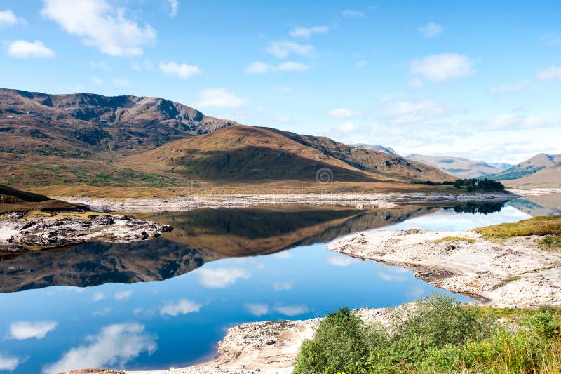 Landscape with beautiful scottish wild mountains and lake with r