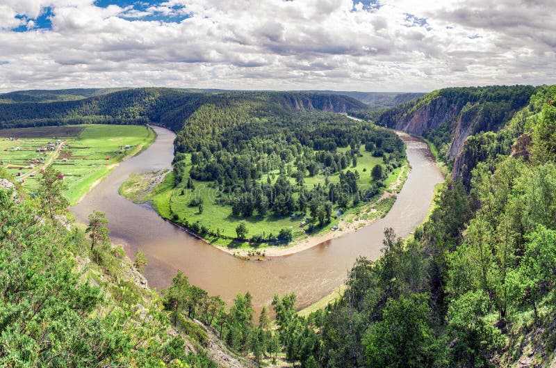 Landscape of Belaya River in Bashkortostan, Mountain River Bend Stock