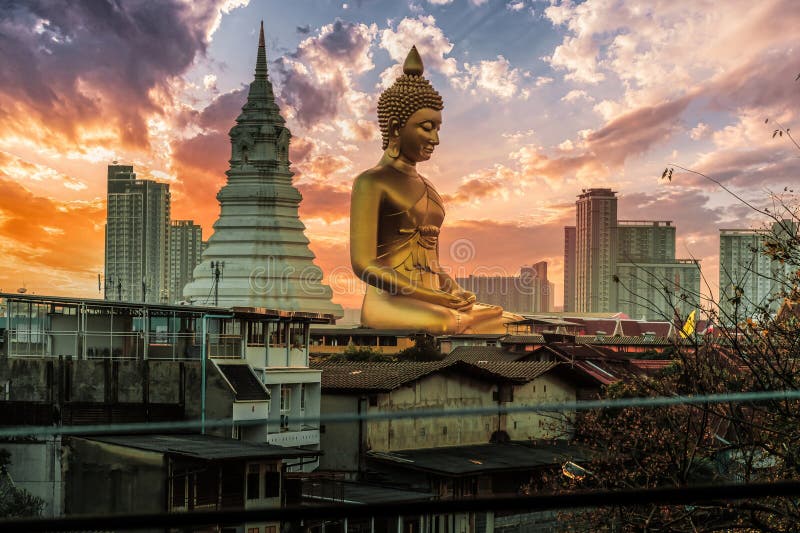 landscape of big buddha in the city large Buddha statue in Bangkok Wat Pak Nam Phasi Charoe Thailand