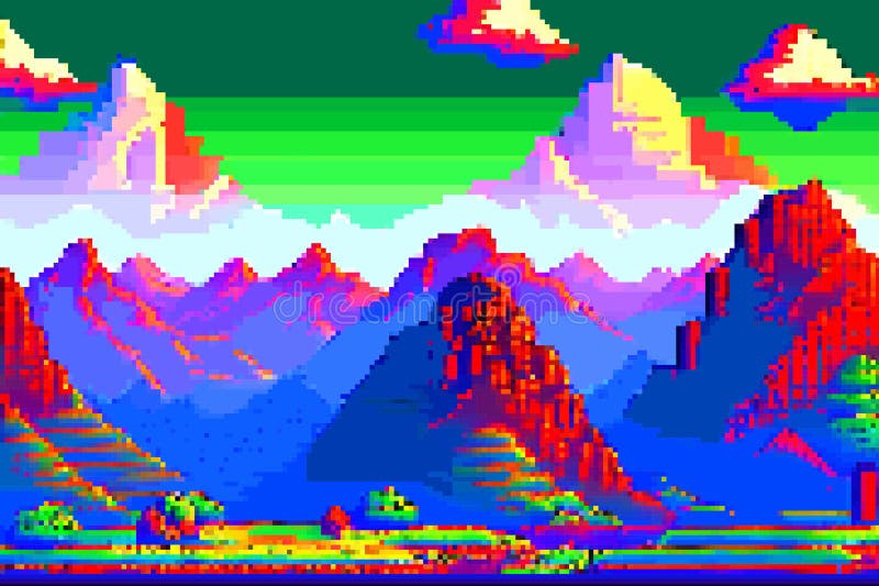Landscape 8bit Pixel Art. Summer Natural Landscape Mountain Stock