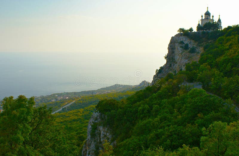Landscape with rocky cliff on sea coast in Crimea